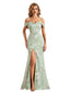 Trendy Off Shoulder Side Slit Mermaid Long Satin Floral Formal Evening Dresses For Ladies