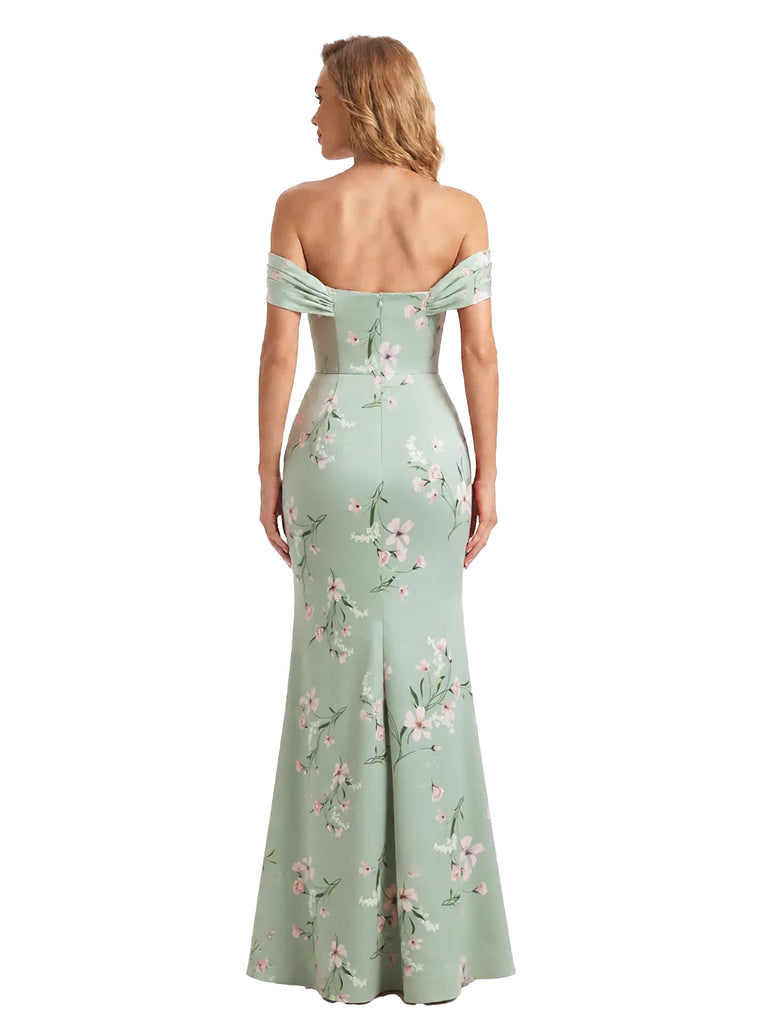 Trendy Off Shoulder Side Slit Mermaid Long Satin Floral Formal Evening Dresses For Ladies