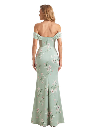 Trendy Off Shoulder Side Slit Mermaid Long Satin Floral Formal Evening Dresses For Ladies