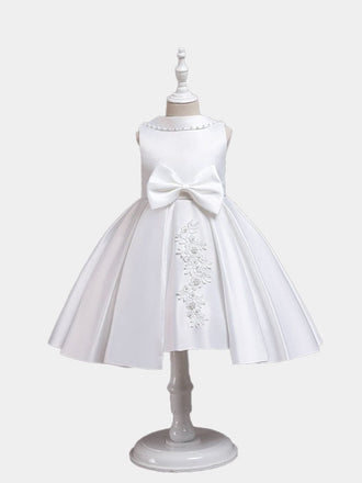 Flower Girls Dress Formal with Bow A-line Satin Lace Princess Gown for Wedding Kids Guest Dress