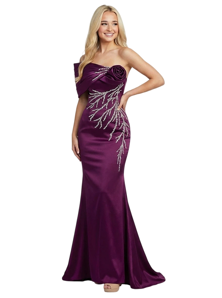 Elegant Mermaid Beaded One Shoulder Satin Long Party Prom Dresses
