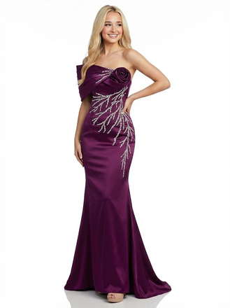 Elegant Mermaid Beaded One Shoulder Satin Long Party Prom Dresses
