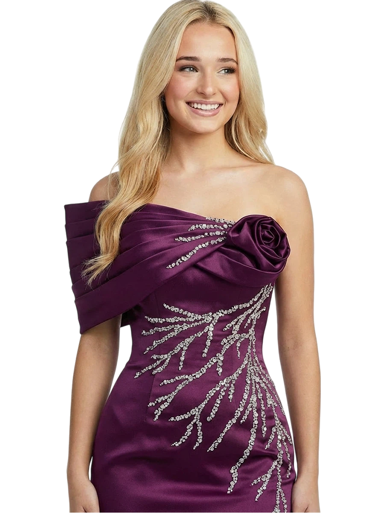 Elegant Mermaid Beaded One Shoulder Satin Long Party Prom Dresses