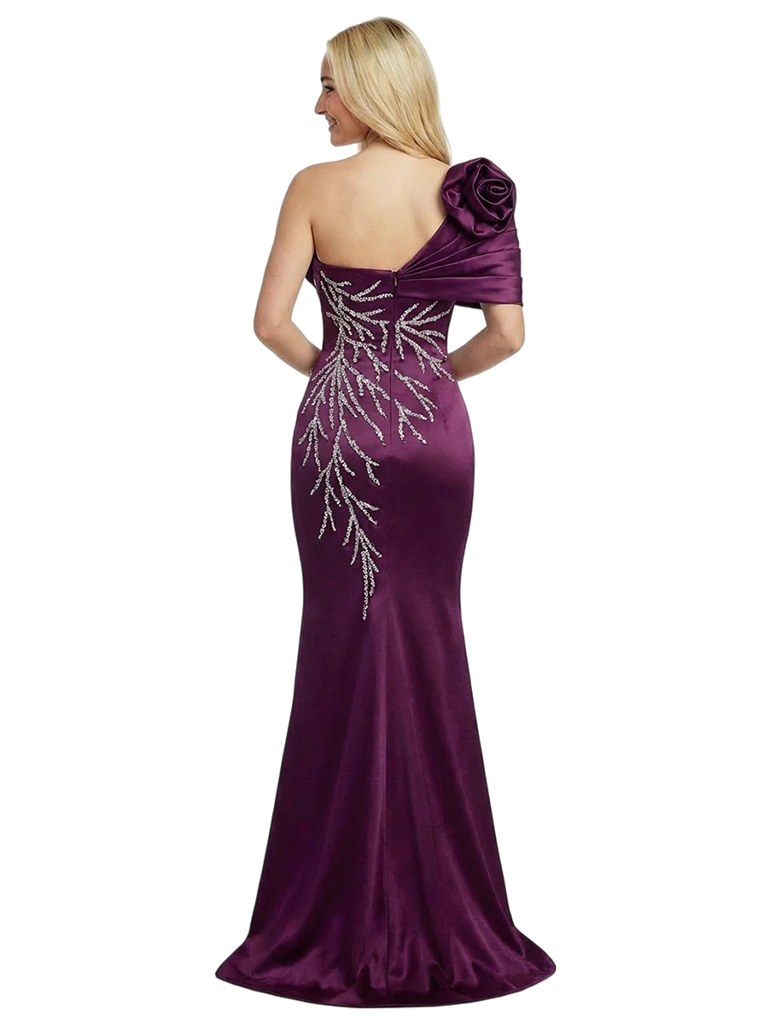 Elegant Mermaid Beaded One Shoulder Satin Long Party Prom Dresses