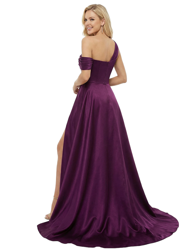 Elegant A-line Asymmetrical Off Shoulder Side Slit Long Party Prom Dresses