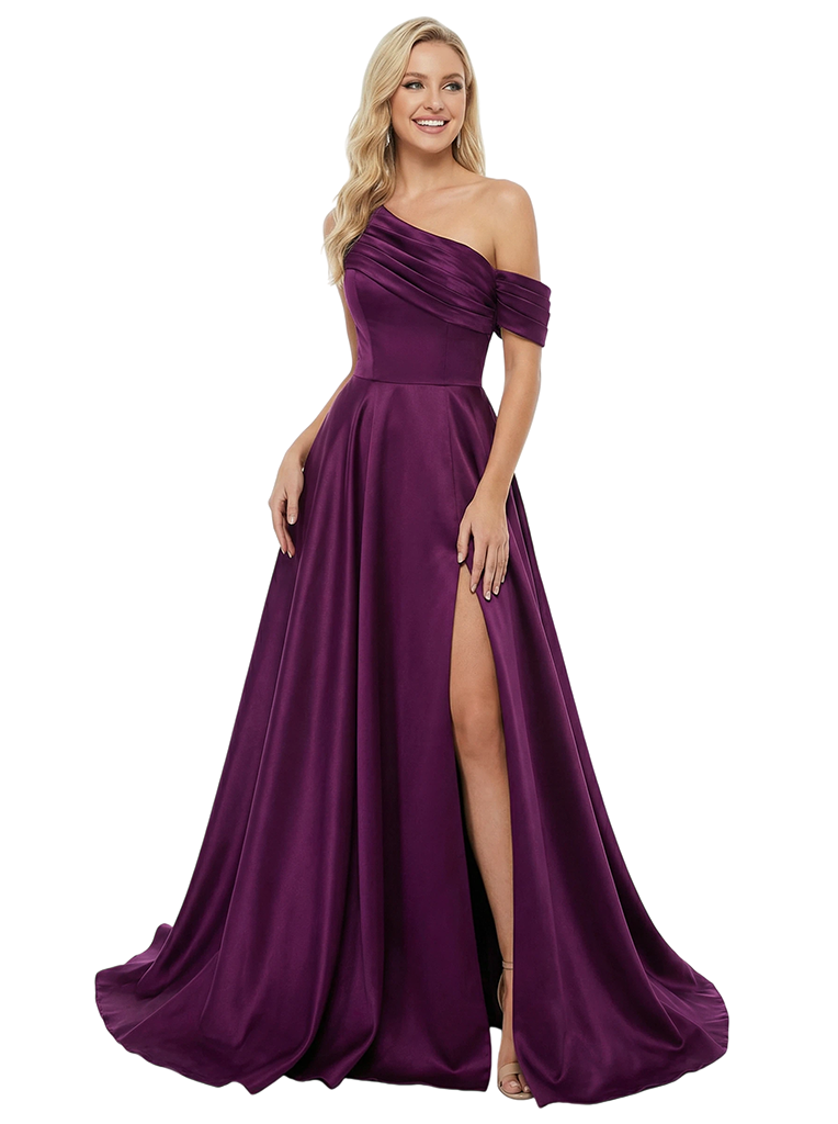 Elegant A-line Asymmetrical Off Shoulder Side Slit Long Party Prom Dresses