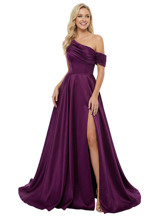 Elegant A-line Asymmetrical Off Shoulder Side Slit Long Party Prom Dresses