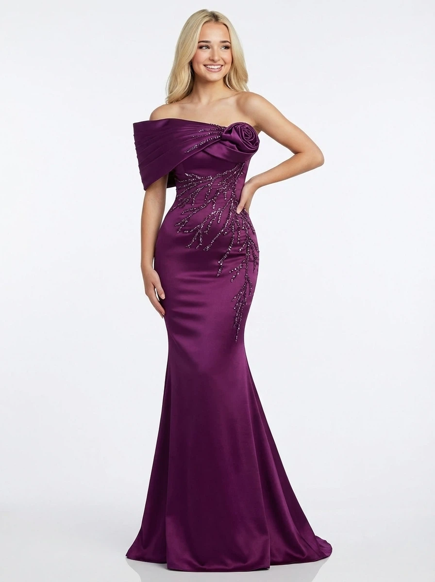 Elegant Mermaid Beaded Flower One Shoulder Long Party Prom Dresses
