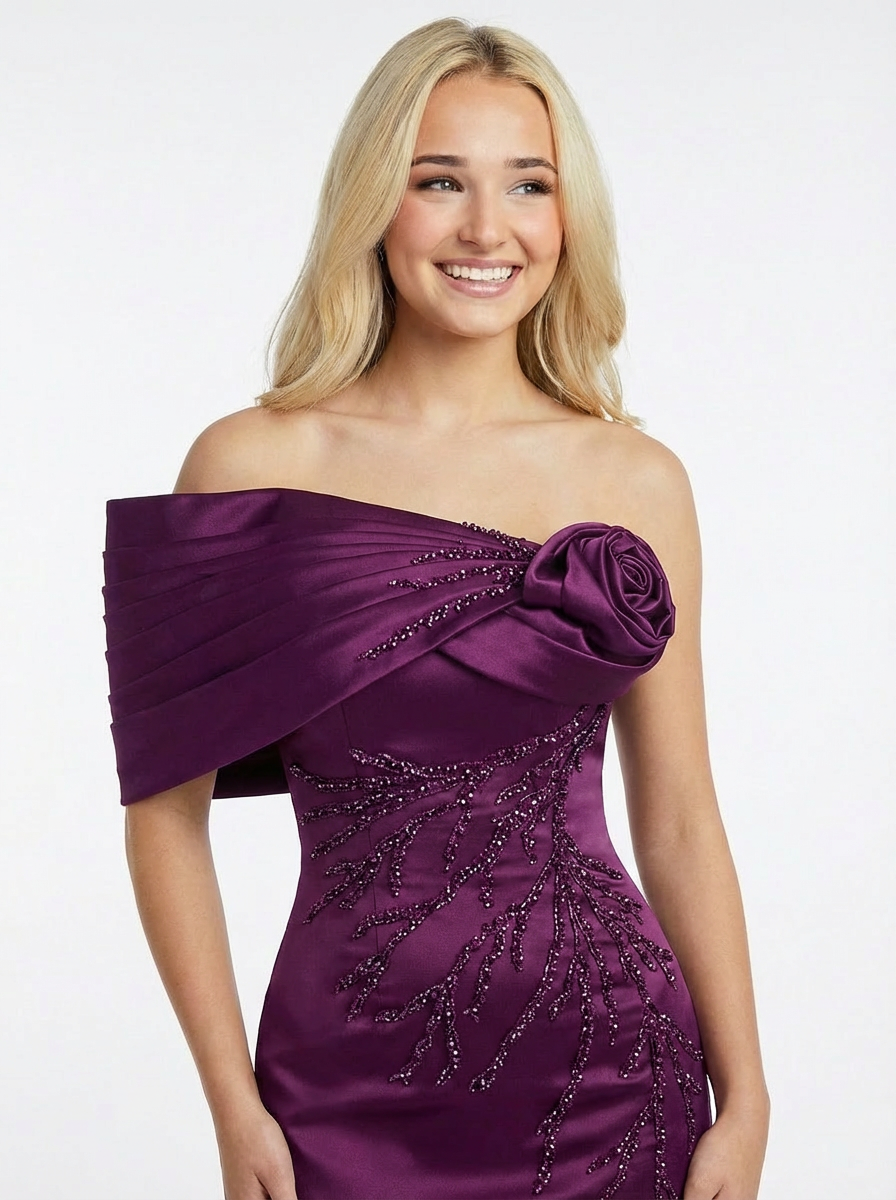Elegant Mermaid Beaded Flower One Shoulder Long Party Prom Dresses