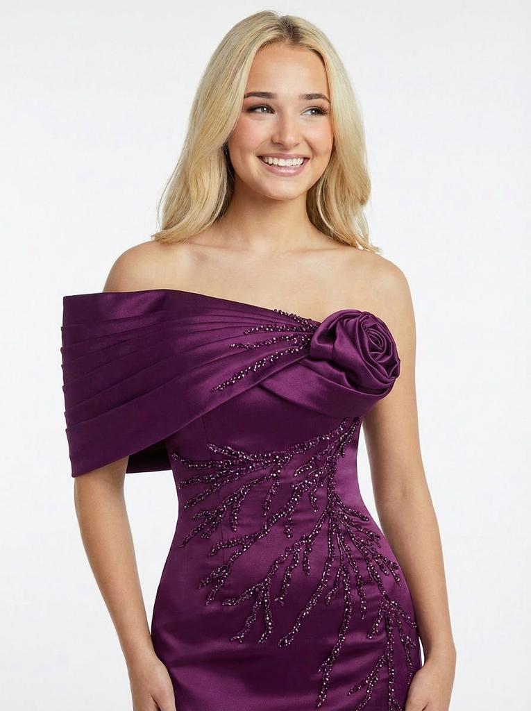 Elegant Mermaid Applique One Shoulder Flower Long Party Prom Dresses