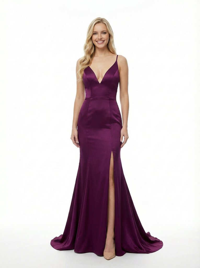 Simple Mermaid V-neck Spaghetti Straps Side Slit Long Party Prom Dresses