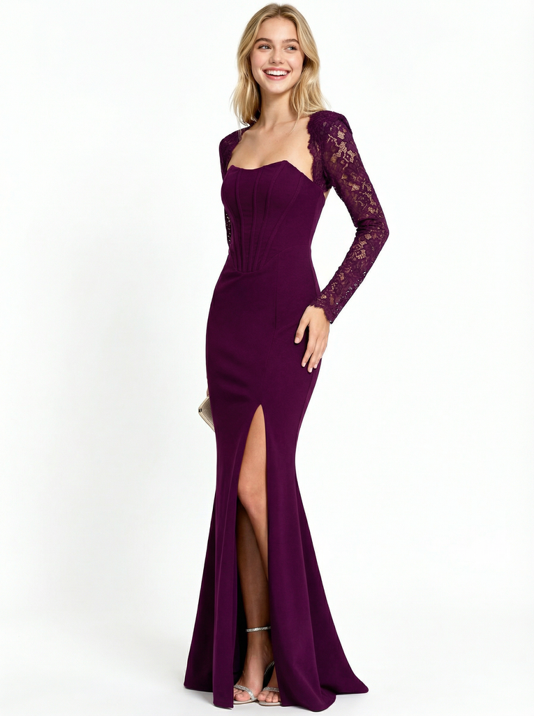 Elegant Mermaid Long Sleeves  Crepe Long Party Prom Dresses Side Slit