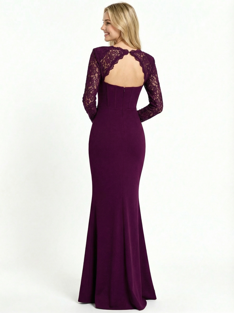 Elegant Mermaid Long Sleeves  Crepe Long Party Prom Dresses Side Slit