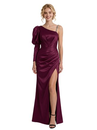 Elegant Mermaid One Sleeve Side Slit Satin Long Party Prom Dresses