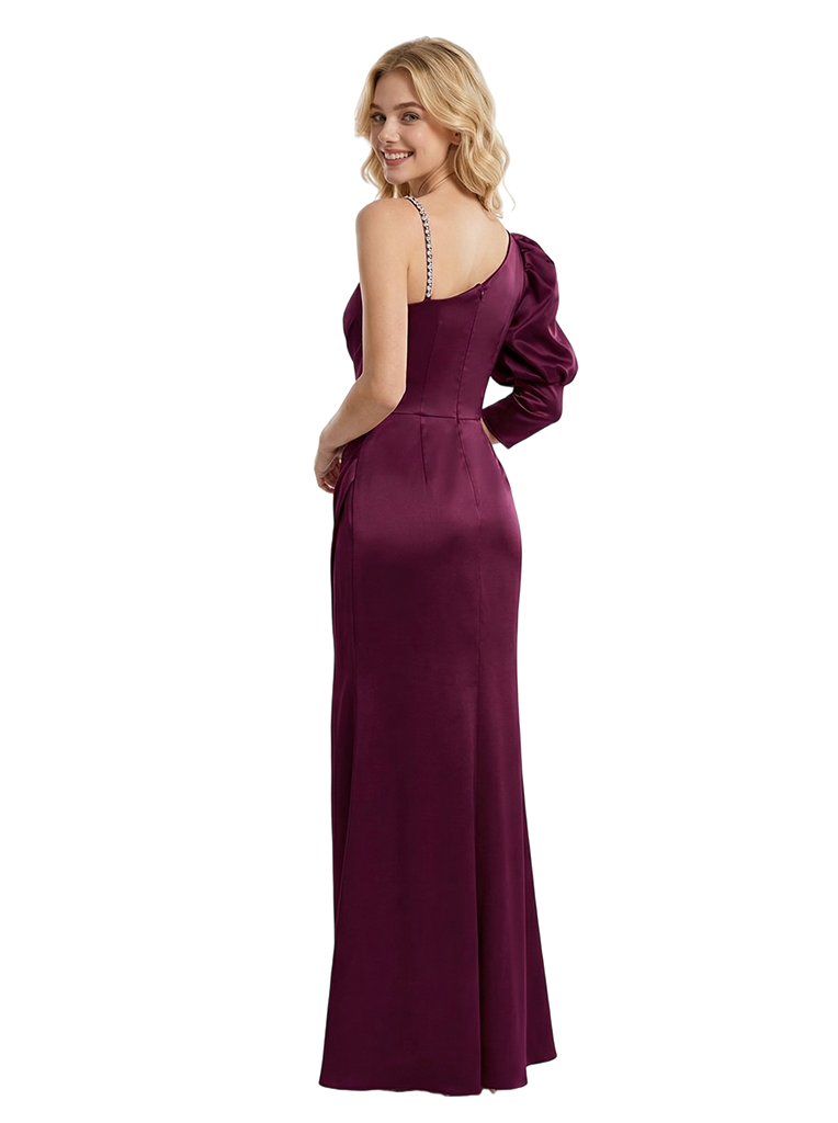 Elegant Mermaid One Sleeve Side Slit Satin Long Party Prom Dresses