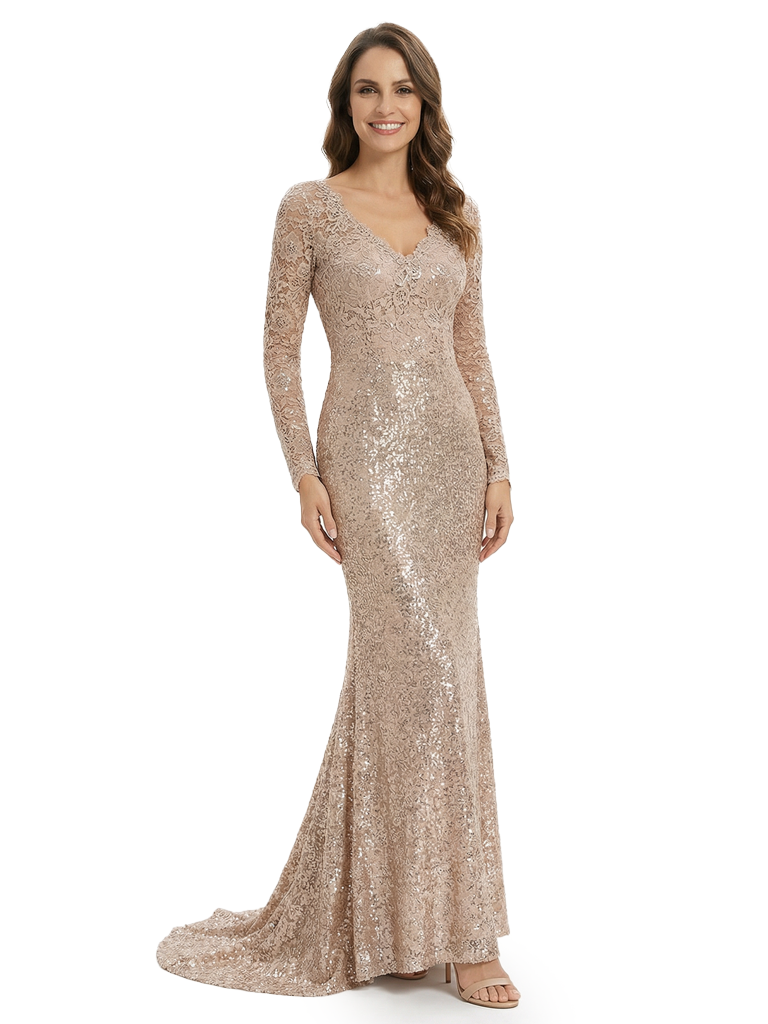 Sparkly Lace Sequin Mother Of The Groom Dress V-Neck Long Sleeve Mermaid Formal Gown