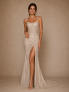 ChicSew Fancy Spaghetti Straps Ruching Side Slit Sequin Tulle Long Wedding Dress