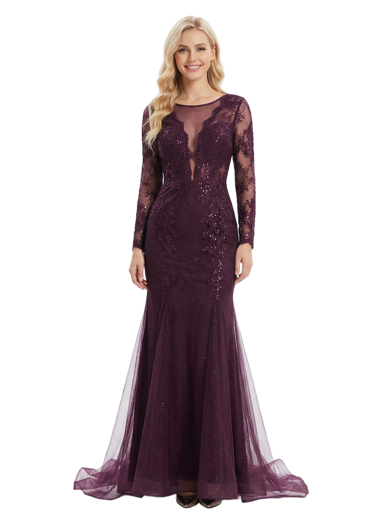 ChicSew Elegant Mermaid Long Sleeves Floor Length Lace Tulle Long Party Prom Dresses