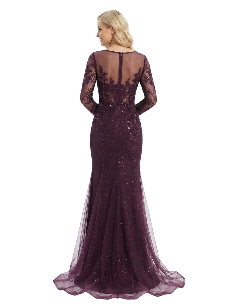 ChicSew Elegant Mermaid Long Sleeves Floor Length Lace Tulle Long Party Prom Dresses