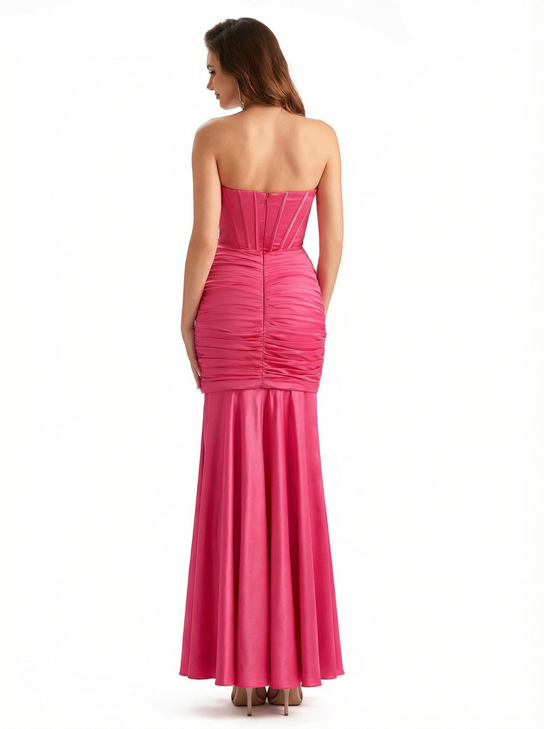 Trendy Strapless Boning Side Slit Mermaid Silky Satin Long Party Formal Dresses