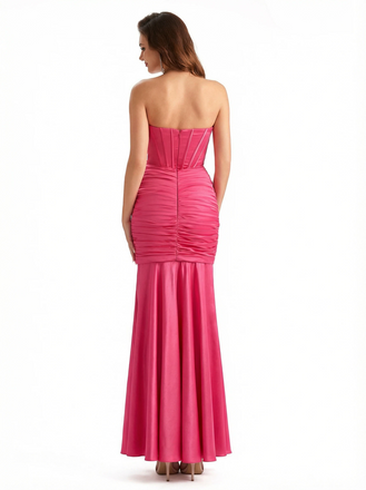 Trendy Strapless Boning Side Slit Mermaid Silky Satin Long Party Formal Dresses