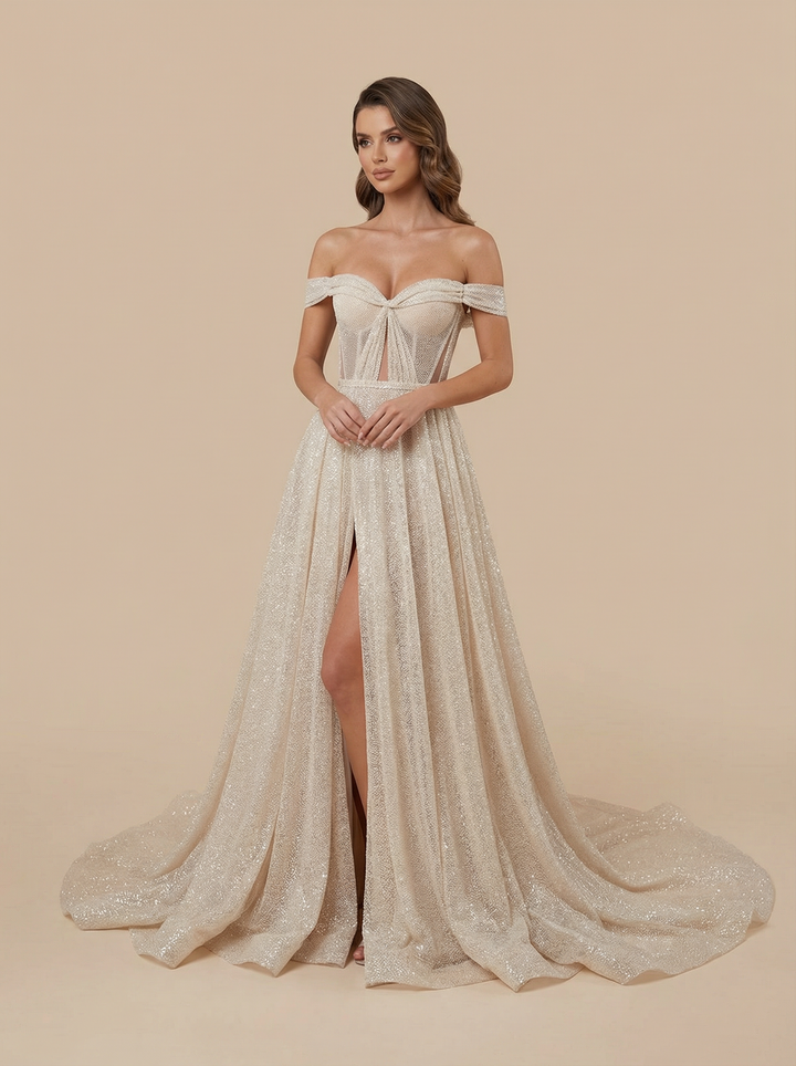 A-line Off Shoulder Side Slit Maxi Long Sequin Wedding Dresses Online
