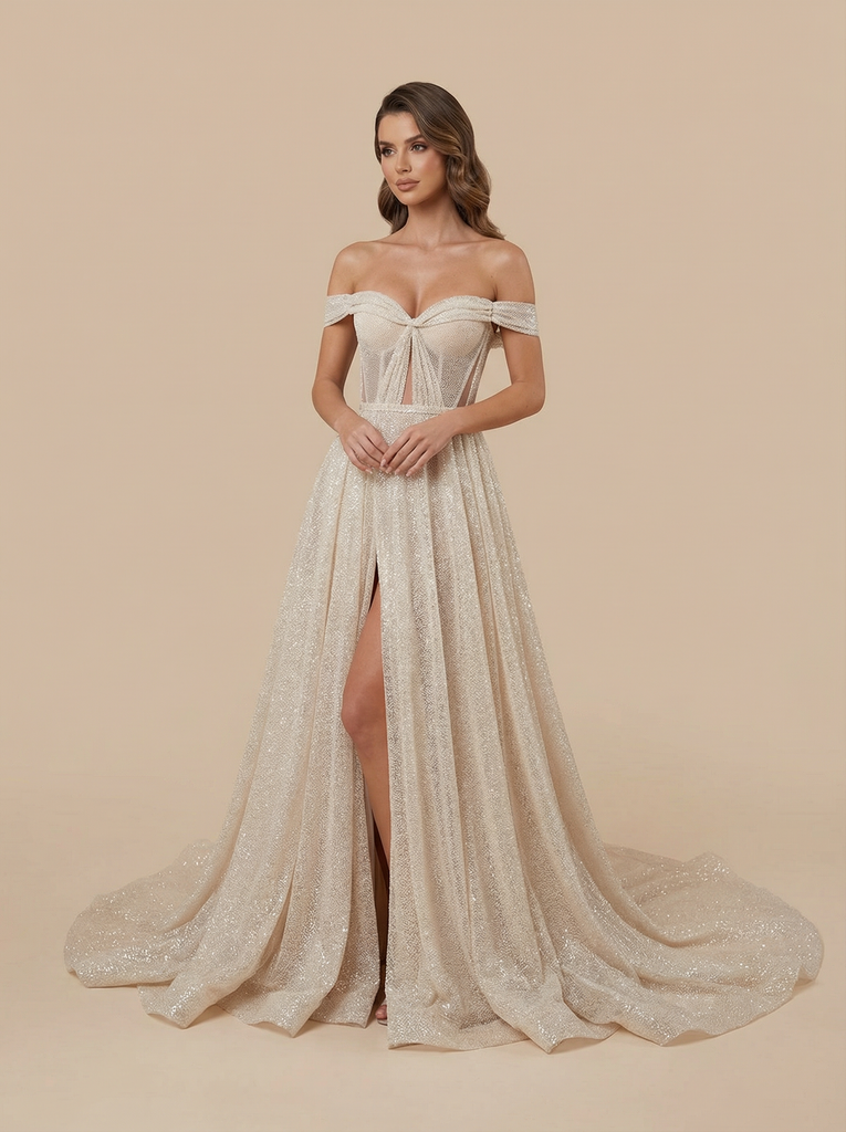A-line Off Shoulder Side Slit Maxi Long Sequin Wedding Dresses Online