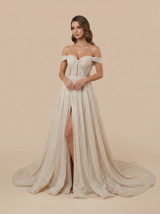 A-line Off Shoulder Side Slit Maxi Long Sequin Wedding Dresses Online