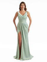 Modern V-Neck Side Split Long Satin Chic Formal Satin Wedding Guest Dresses