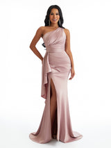 Elegant One Shoulder Side Slit Mermaid Soft Satin Long Bridesmaid Dresses
