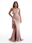 Elegant One Shoulder Side Slit Mermaid Soft Satin Long Bridesmaid Dresses