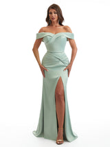 Sexy Off The Shoulder Mermaid Side Slit Soft Satin Long Bridesmaid Dresses Online