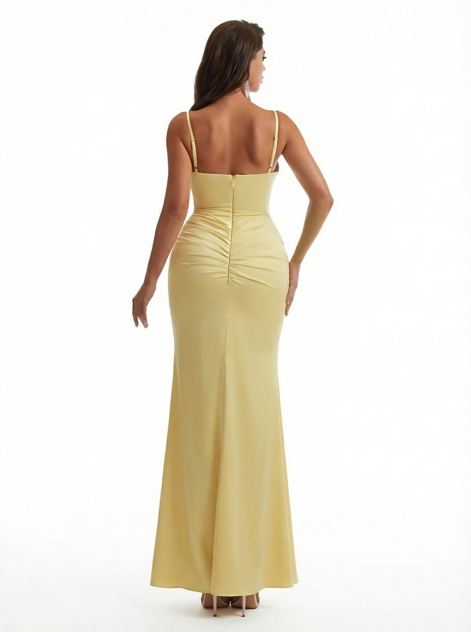 Sexy Mermaid Spaghetti Straps Front Slit Ruched Satin Long Formal Dresses
