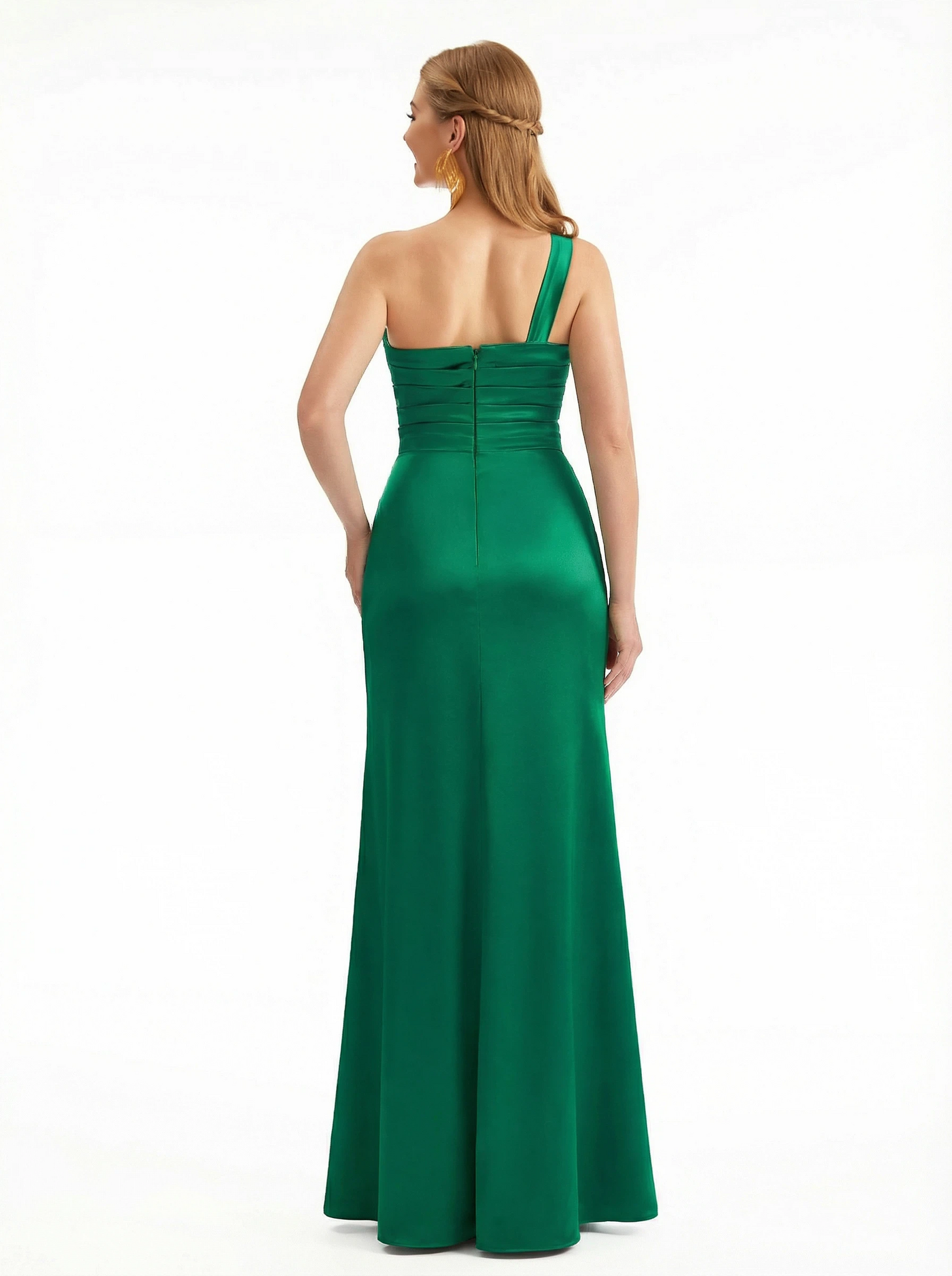 Ladies Sexy One Shoulder Mermaid Ruched Satin Long Formal Dresses Side Slit