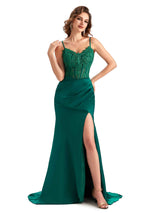Sexy Side Slit Mermaid Silky Satin Lace See Through Unique Long Bridesmaid Dresses