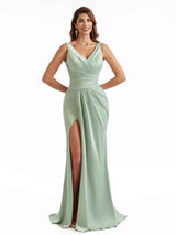Modern V-Neck Side Split Long Satin Chic Formal Satin Wedding Guest Dresses
