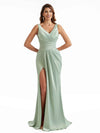 Women V-Neck Side Split Long Satin Unique Formal Bridesmaid Dresses Online