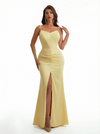 Sexy Mermaid Spaghetti Straps Front Slit Ruched Satin Long Formal Dresses