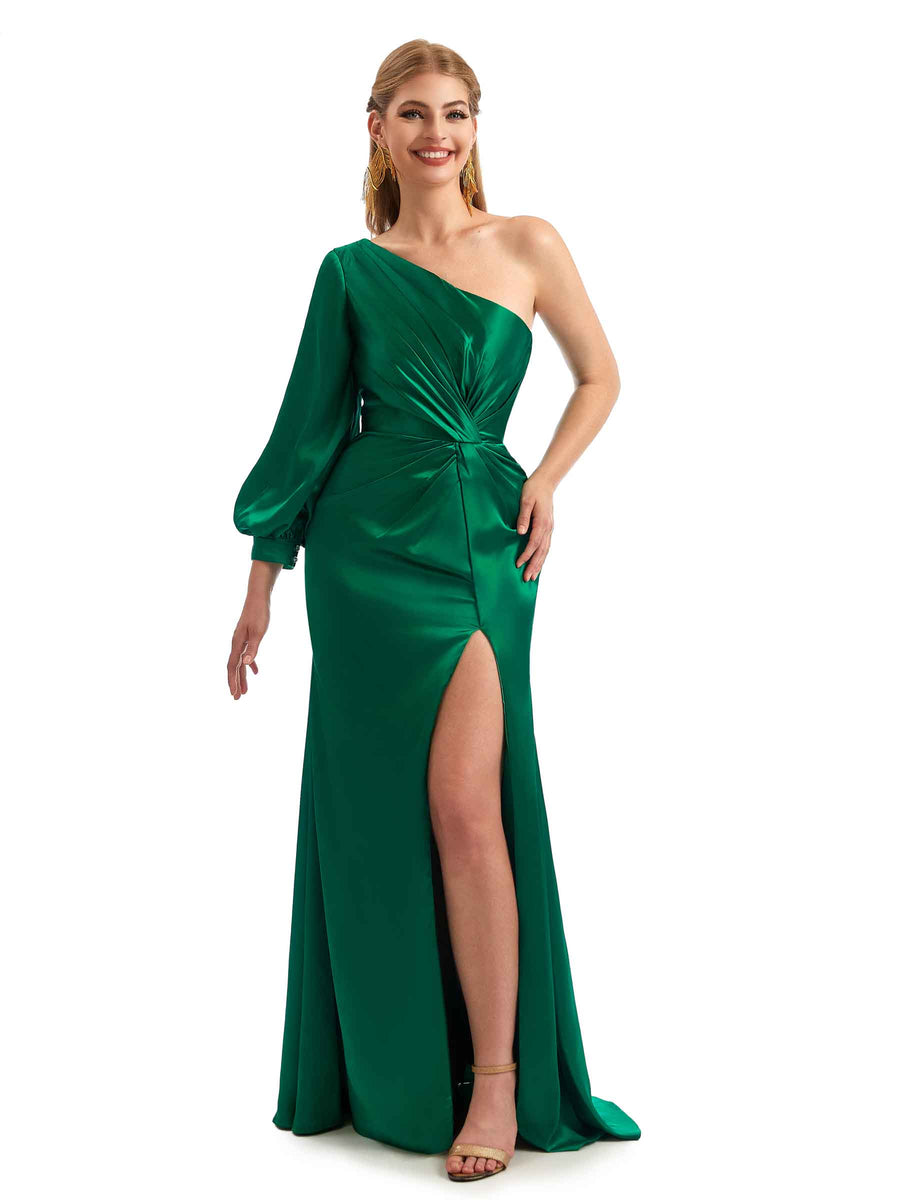 Elegant One Shoulder Long Sleeves Side Split Long Satin Bridesmaid Dresses Online