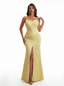 Sexy Mermaid Spaghetti Straps Front Slit Ruched Satin Long Formal Dresses