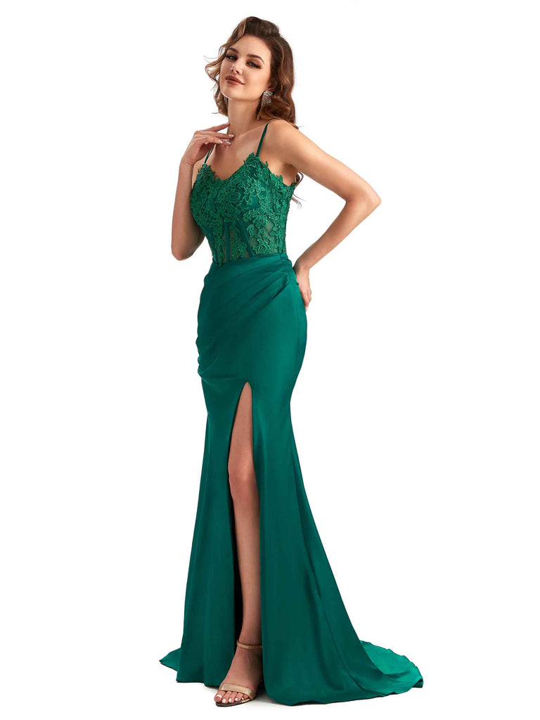 Sexy Side Slit Mermaid Silky Satin Lace See Through Unique Long Bridesmaid Dresses