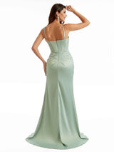 Modern V-Neck Side Split Long Satin Chic Formal Satin Wedding Guest Dresses
