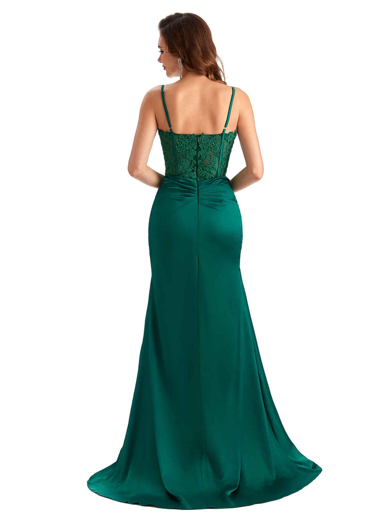 Sexy Side Slit Mermaid Silky Satin Lace See Through Unique Long Bridesmaid Dresses