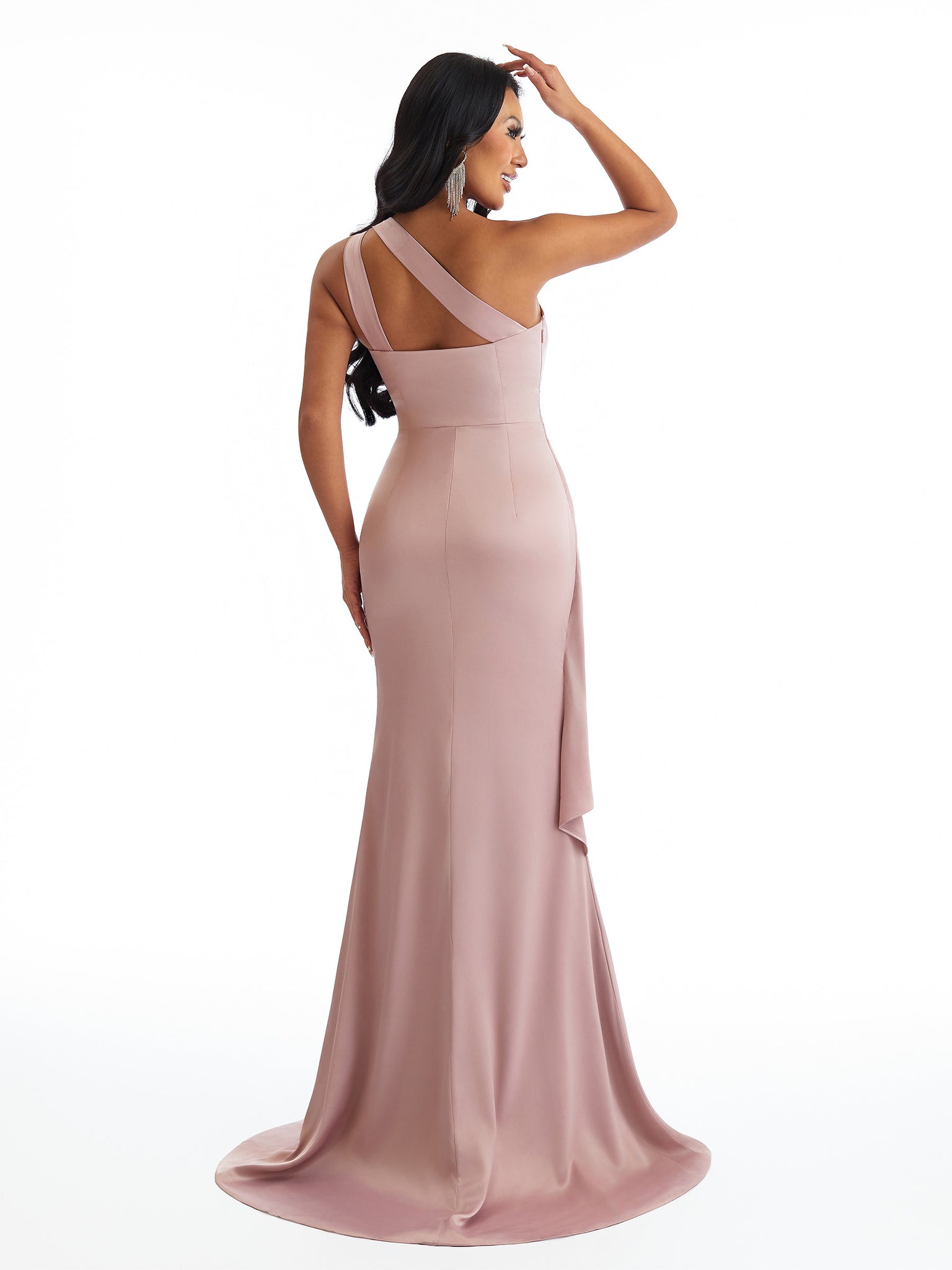 Elegant One Shoulder Side Slit Mermaid Soft Satin Long Bridesmaid Dresses