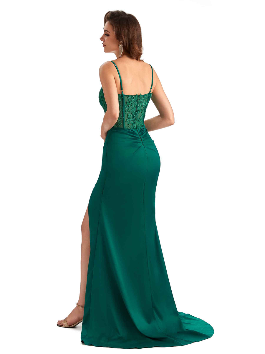 Sexy Side Slit Mermaid Silky Satin Lace See Through Unique Long Bridesmaid Dresses