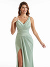 Women V-Neck Side Split Long Satin Unique Formal Bridesmaid Dresses Online