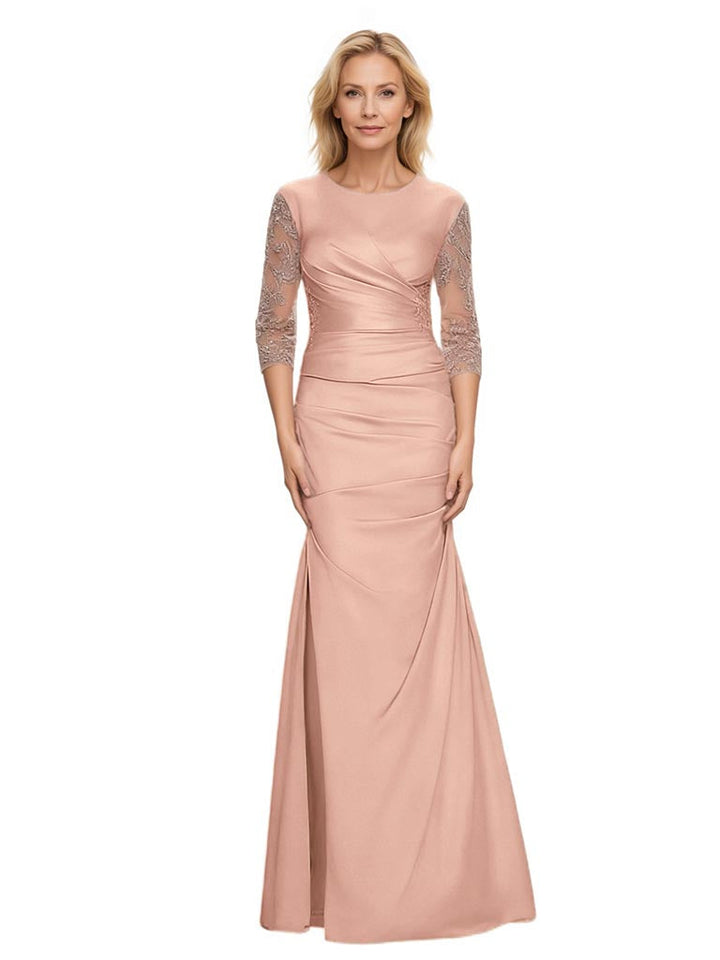 Elegant Soft Satin Side Slit Mermaid Long Sleeves Long Mother of the Brides Dresses