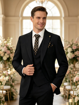 Classic 3 Piece Black Men's Suit with Regular Fit and Sophisticated Peak Lapel