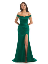 Sexy Soft Satin Off Shoulder Side Slit Long Mermaid Bridesmaid Dresses Online In Stock
