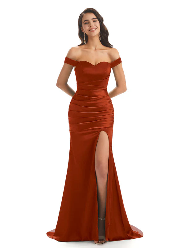 Sexy Soft Satin Off Shoulder Side Slit Long Mermaid Bridesmaid Dresses Online In Stock